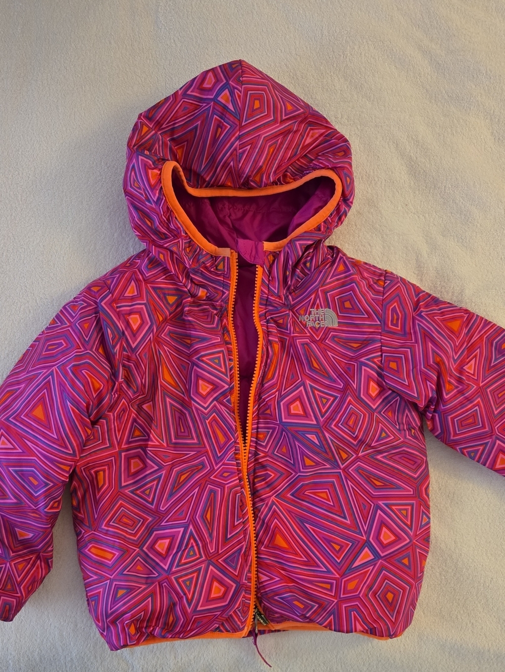 The North Face Reversible Pink & Orange Geometric Hooded Puffer Jacket